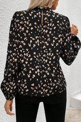 Leopard Lantern Sleeve Mock Neck Pleated Blouse