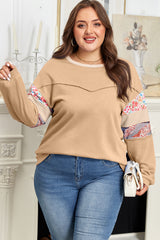 Floral Patchwork Exposed Seam Long Sleeve Plus Size Top