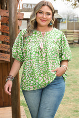 Green Floral Puff Sleeve Tassel Tie Plus Size Blouse