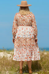 Khaki Floral Tiered Ruffle Plus Size Midi Dress