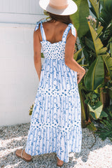Sky Blue Floral Smocked A-Line Tiered Tied Straps Maxi Dress