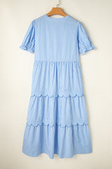 Sky Blue Stripe Bubble Short Sleeve Tiered Scallop Maxi Dress