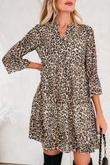 Khaki Leopard 3/4 Sleeve V Neck Swing Mini Dress