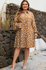 Khaki Daisy Print Puff Sleeve Mini Plus Size Dress
