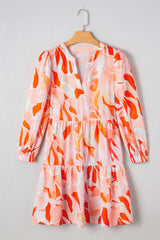 Orange Abstract Print Split Neck Long Sleeve Mini Dress