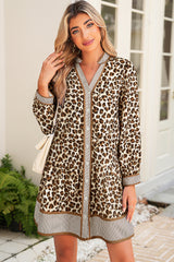 Brown Leopard Print Contrast Striped Long Sleeve Button Mini Dress