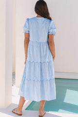 Sky Blue Stripe Bubble Short Sleeve Tiered Scallop Maxi Dress