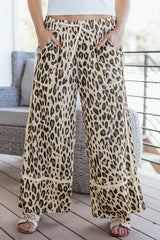 Khaki Leopard Print Wide-Leg Cropped Pants