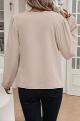 Jet Stream V-Neck Scallop Trim Long Sleeve Blouse