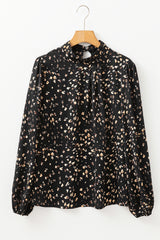 Leopard Lantern Sleeve Mock Neck Pleated Blouse