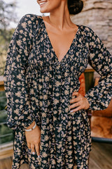 Floral Smocked V Neck Bubble Sleeve Babydoll Mini Dress
