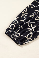 Black Crew Neck Bow Knot Patchwork Long Sleeve  Plus Size Blouse
