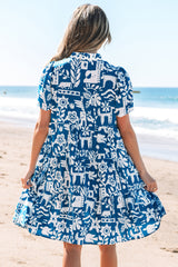 Blue Ricrac Trim Split Neck Floral Loose Mini Dress