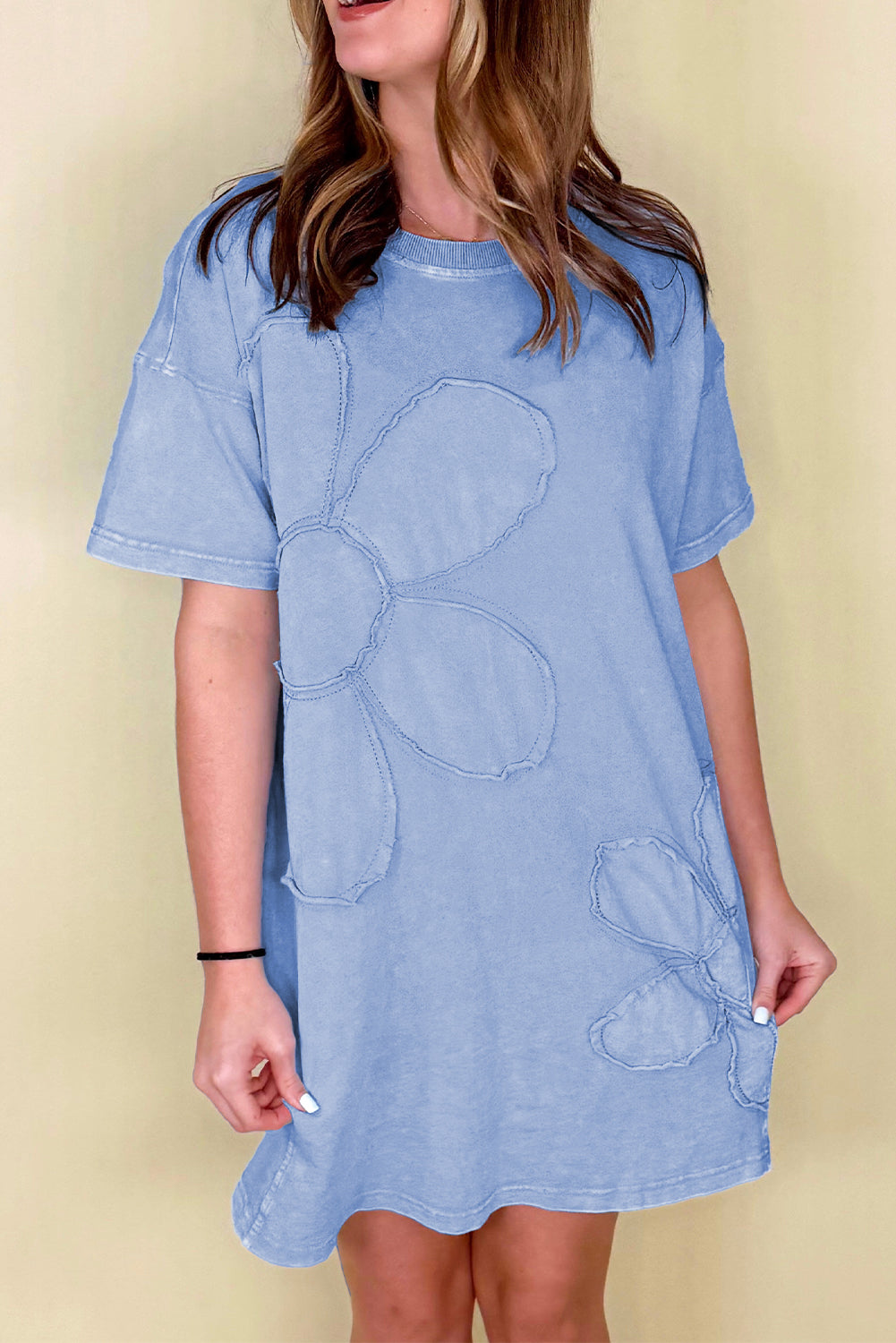 Mineral Wash Flower Patchwork Mini T Shirt Dress