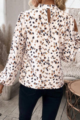 Leopard Lantern Sleeve Mock Neck Pleated Blouse