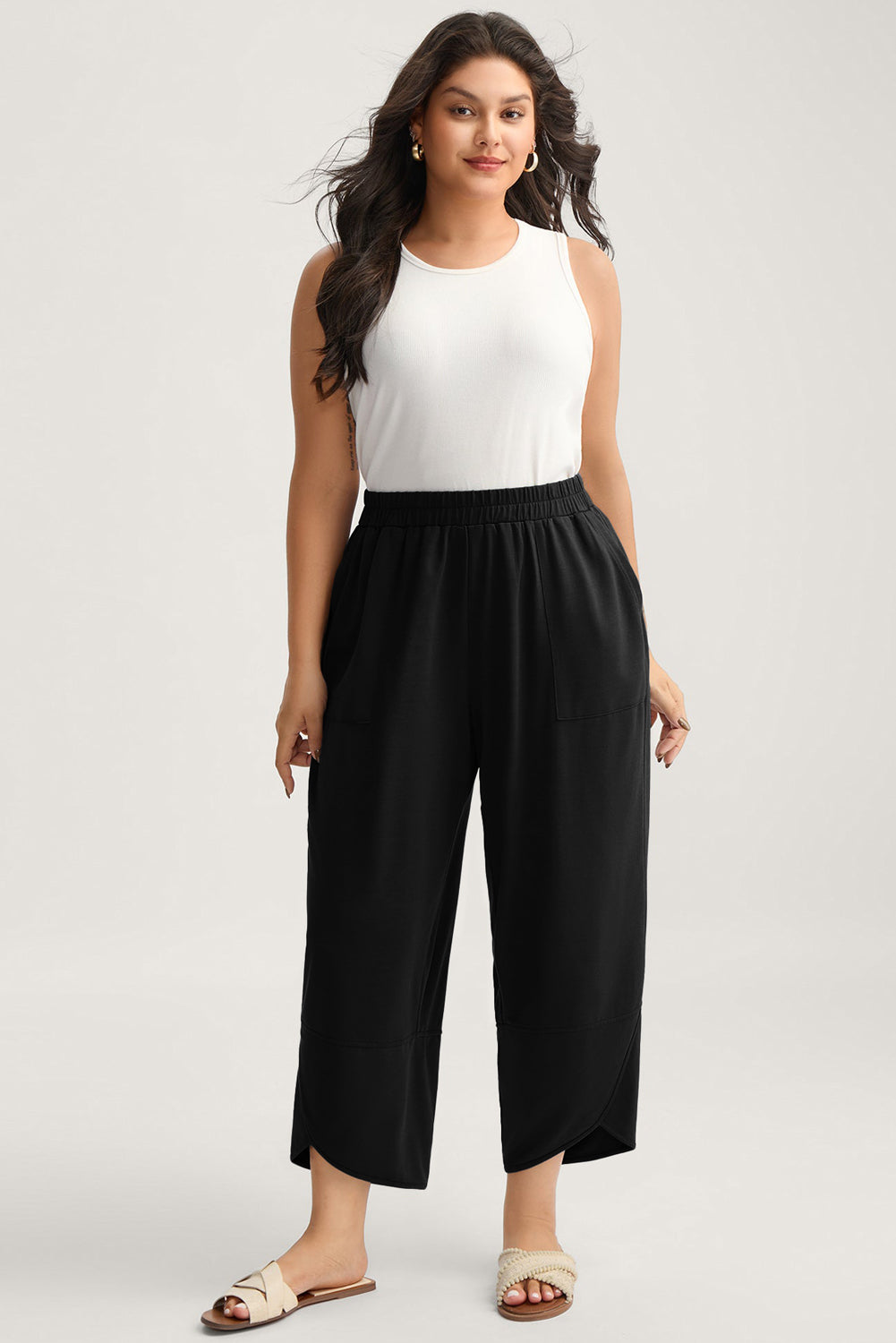 Black Elastic Waist Asymmetrical Hem Capri Plus Size Pants