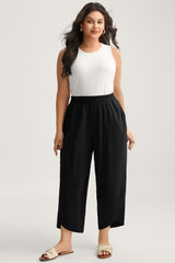 Black Elastic Waist Asymmetrical Hem Capri Plus Size Pants