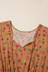 Brown Floral Tiered V-Neck Ruffled Sleeve Plus Size Maxi Dress