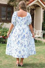 Sky Blue Floral Sweetheart Neck Midi Plus Size Dress