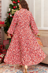 Red Abstract Tiered Fit And Flare Notch V-Neck Maxi Plus Size Dress