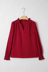 Burgundy Notched Neck Shirred Cuff  Blouse