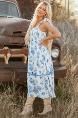 Sky Blue Floral Print Shirred Knot Shoulder Sleeveless Midi Dress