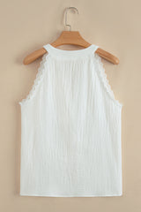 White Textured Lace Trim Pure Cotton Sleeveless Blouse