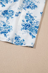 Sky Blue Floral Print Shirred Knot Shoulder Sleeveless Midi Dress