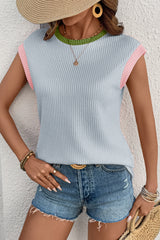 Colour Block Corded Knit Crew Neck Tee