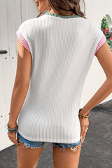 White Colourblock Corded Knit Crew Neck Tee