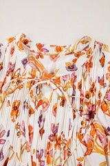 Apricot Floral Geometric Print Ruffled Trim Flutter Sleeve Mini Dress
