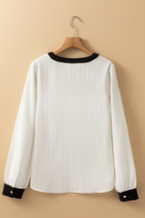 White Textured Colorblock V Neck Blouse