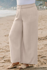 Beige Frill Smocked Waist Wide Leg Plus Size Pants
