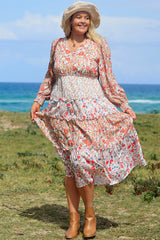Khaki Floral Tiered Ruffle Plus Size Midi Dress