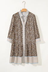 Khaki Leopard Print striped Trim V-Neck Drop Waist Plus Size Mini Dress