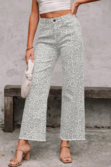 Leopard Frayed Hem Wide-Leg Jeans