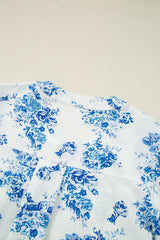 Blue Floral Tiered Puff Sleeve Pleated Bust Buttoned Blouse