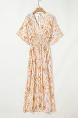 Multicolour Geometric Shirred High Waist Maxi Dress