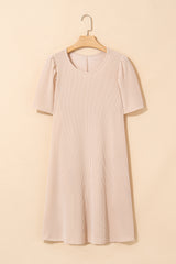 Corded Knit Crew Neck Puff Sleeve Shift Mini Dress