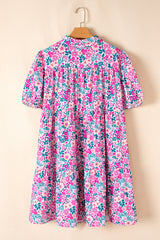 Pink Floral Half Button Puff Sleeve High Waist Plus Size Mini Dress