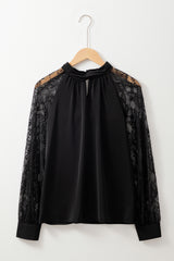Black Keyhole Neck Floral Lace Raglan Blouse