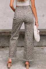Leopard Frayed Hem Wide-Leg Jeans