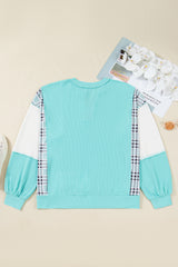 Aruba Blue Ribbed Colorblock Long Sleeve Plus Size Top