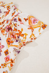 Apricot Floral Geometric Print Ruffled Trim Flutter Sleeve Mini Dress