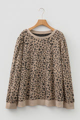 Khaki Leopard Textured Ribbed Trim Crew Neck Plus Size Top