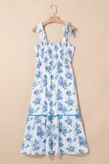 Sky Blue Floral Print Shirred Knot Shoulder Sleeveless Midi Dress