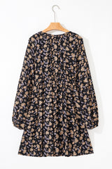 Floral Smocked V Neck Bubble Sleeve Babydoll Mini Dress