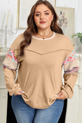 Floral Patchwork Exposed Seam Long Sleeve Plus Size Top