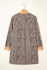 Multicolour Button Striped Collar Leopard Print Long Sleeve Flared Mini Dress