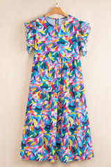 Blue Geometric Print Tiered Ruffle Sleeve Plus Size Maxi Dress